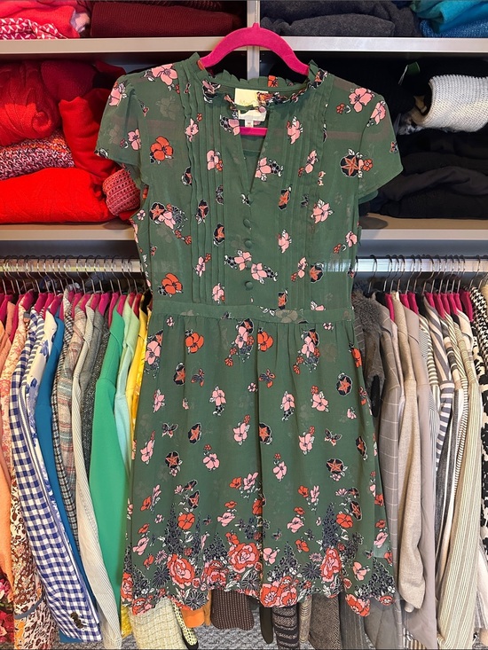 Modcloth Dresses & Skirts - ModCloth green/pink floral cap sleeve side zipper closure dress size M